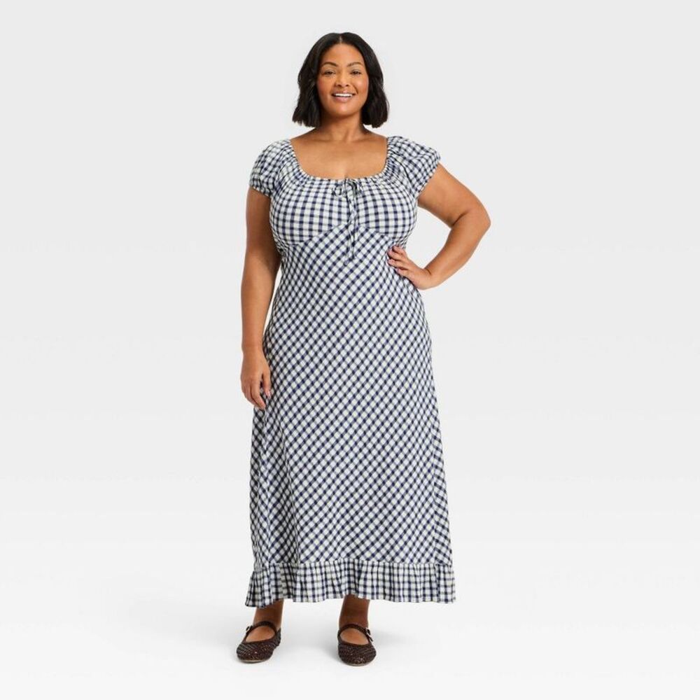 Women's Puff Short Sleeve Maxi Sundress - Universal Thread Navy Blue Gingham 4X